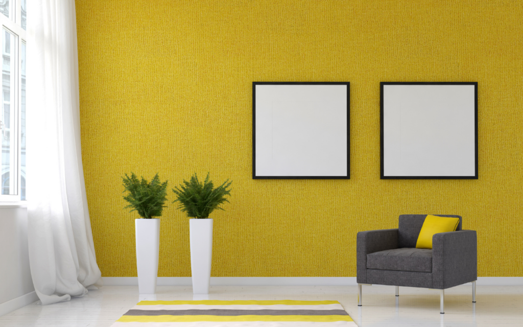 Sala decorada com Ultimate Gray e Iluminating, cores da Pantone 2021.